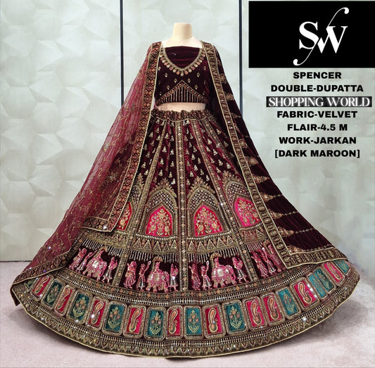 Eye Catching Velvet Dark Maroon Double Dupatta Bridal Lehenga