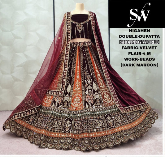 Attractive Dark Maroon Double Dupatta Velvet Bridal Lehenga