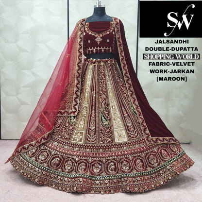 Glamorous Dark Maroon Double Dupatta Velvet Bridal Lehenga