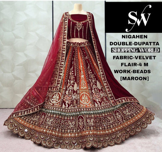 Attractive Dark Maroon Double Dupatta Velvet Bridal Lehenga