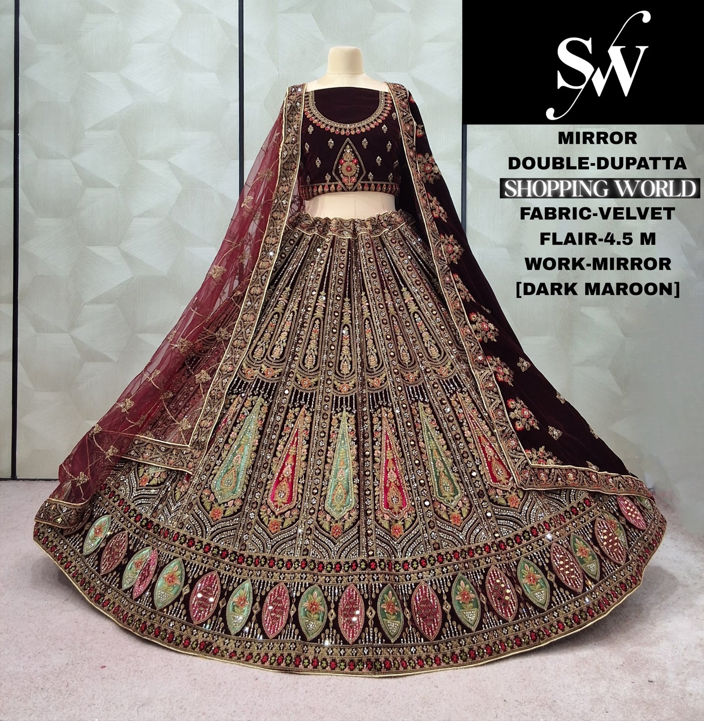 Fantastic Dark Maroon Double Dupatta Velvet Bridal Lehenga