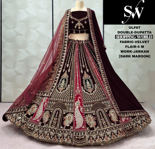 Charming peacock Velvet Dark Maroon Double Dupatta Bridal Lehenga