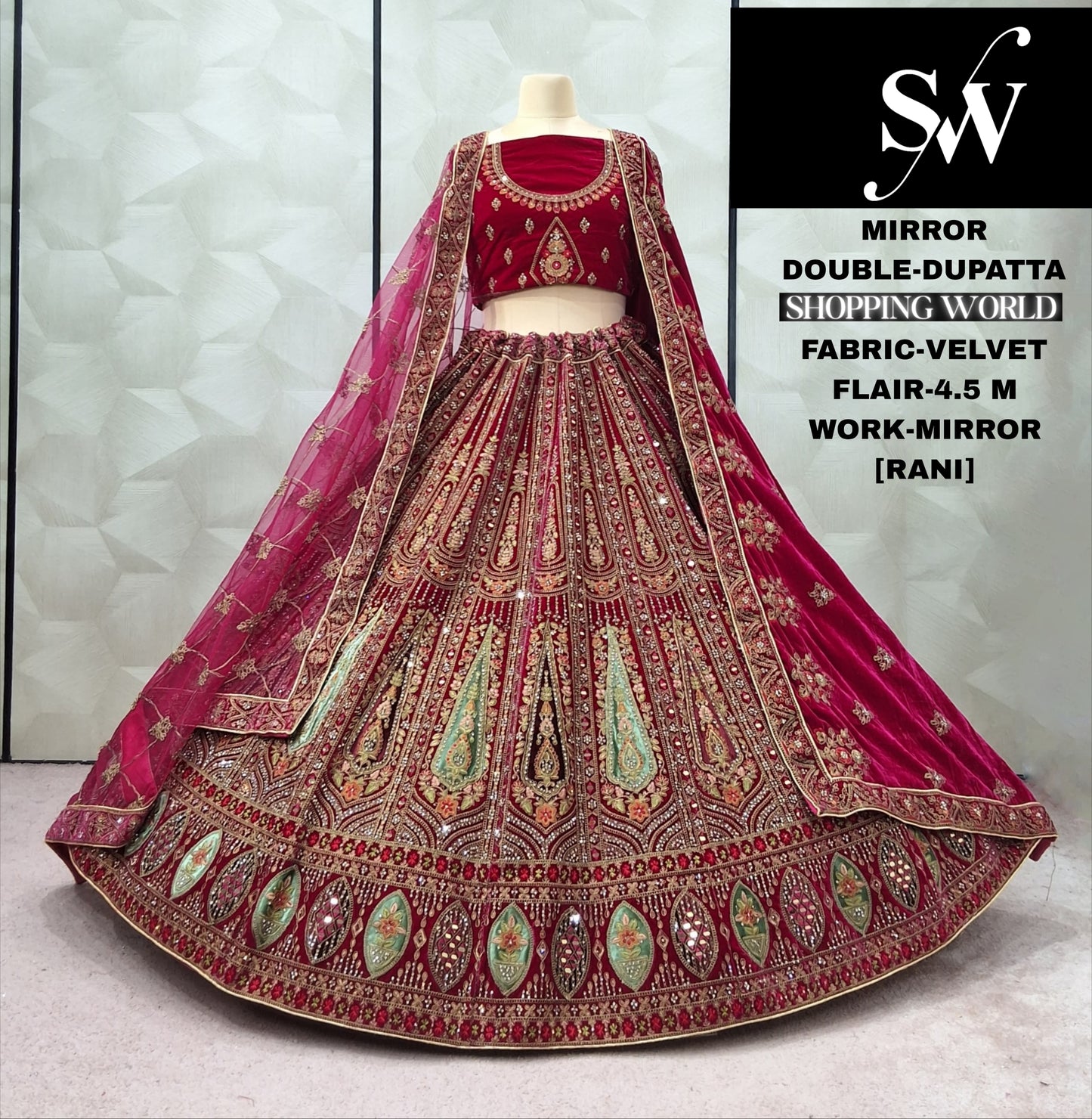 Fantastic Dark Maroon Double Dupatta Velvet Bridal Lehenga