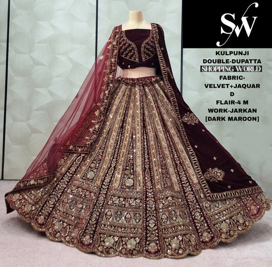 Amazing Dark Maroon Double Dupatta Velvet Bridal Lehenga