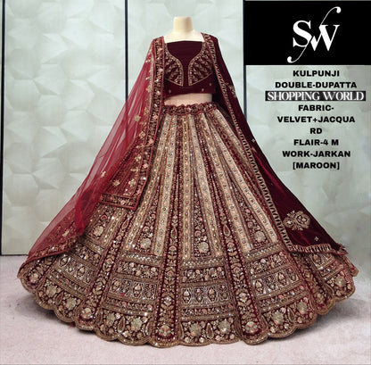 Engaging Maroon Double Dupatta Velvet Bridal Lehenga