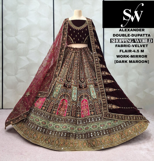 Majestic Velvet Dark Maroon Double Dupatta Bridal Lehenga