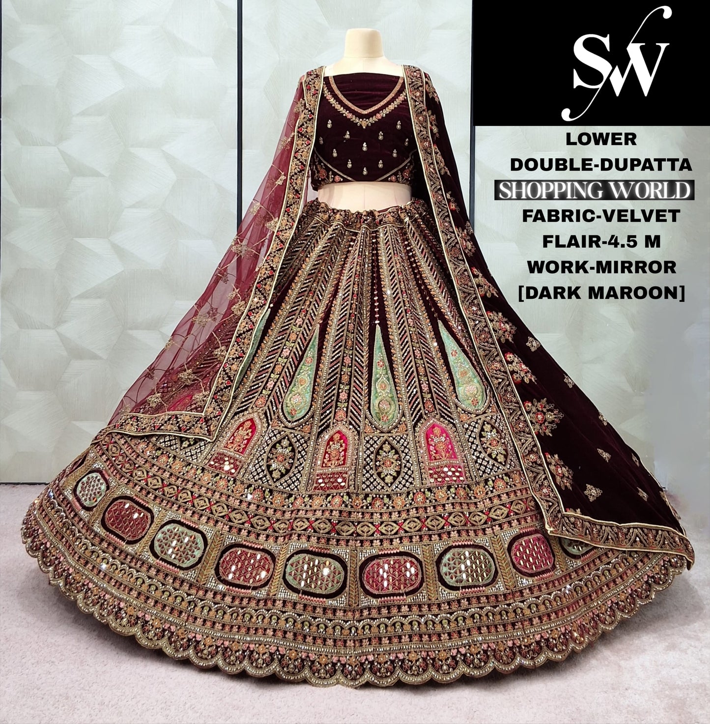 Delightful Rani pink Double Dupatta Velvet Bridal Lehenga