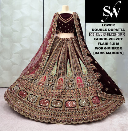 Delightful Rani pink Double Dupatta Velvet Bridal Lehenga