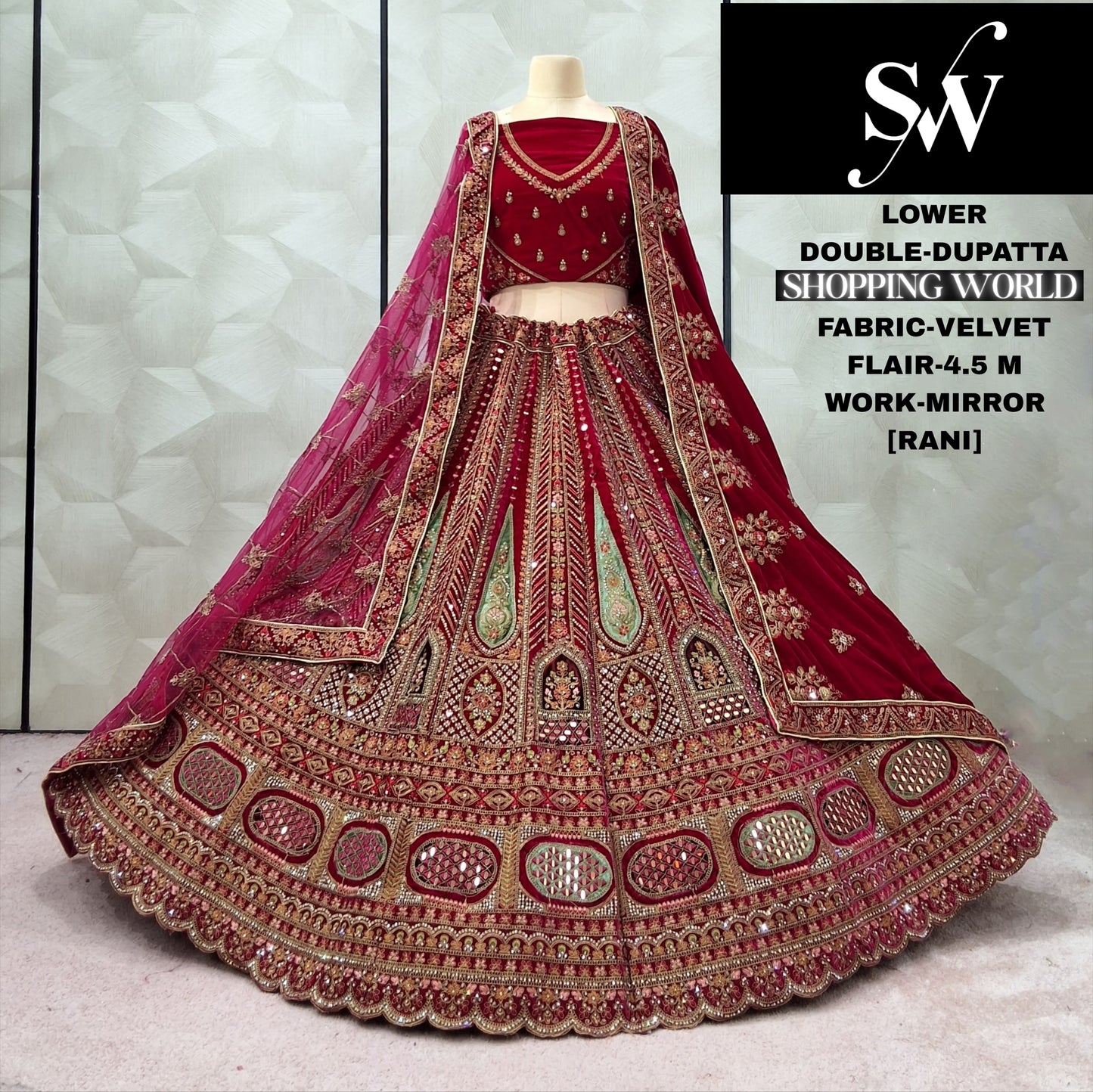 Delightful Rani pink Double Dupatta Velvet Bridal Lehenga