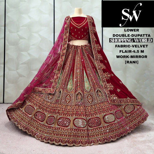 Elegant Dark Maroon Double Dupatta Velvet Bridal Lehenga