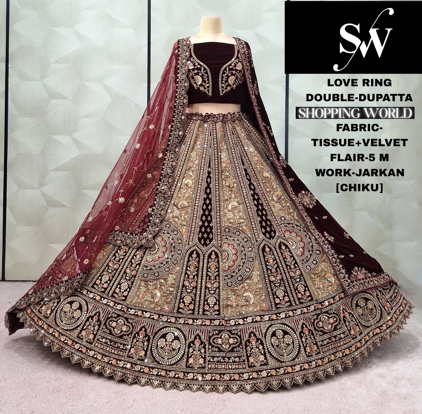 Pleasing Chiku Golden Tissue Velvet Double Dupatta Bridal Lehenga
