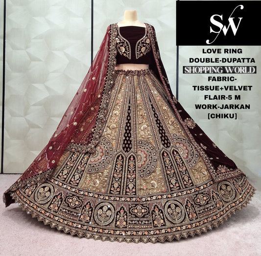 Pleasing Chiku Golden Tissue Velvet Double Dupatta Bridal Lehenga