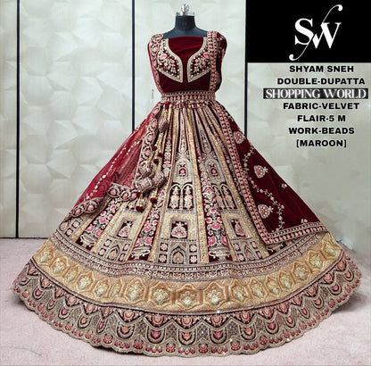 Embellished Rani pink Double Dupatta Velvet Bridal Lehenga