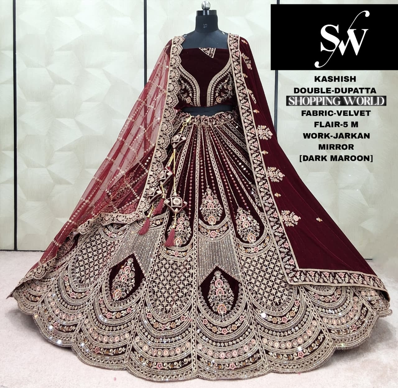 Lavishing Raspberry Double Dupatta Velvet Bridal Lehenga