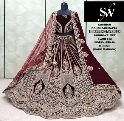Lavishing Raspberry Double Dupatta Velvet Bridal Lehenga