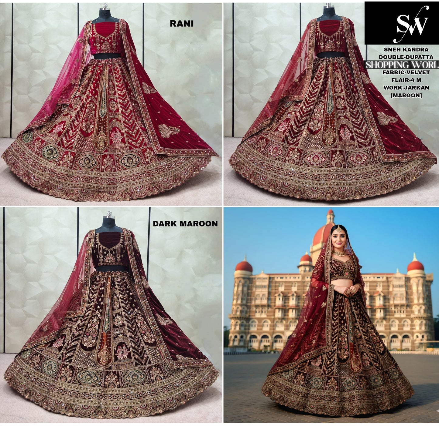 Good looking Dark Maroon Maroon Rani pink Double Dupatta Velvet Bridal Lehenga