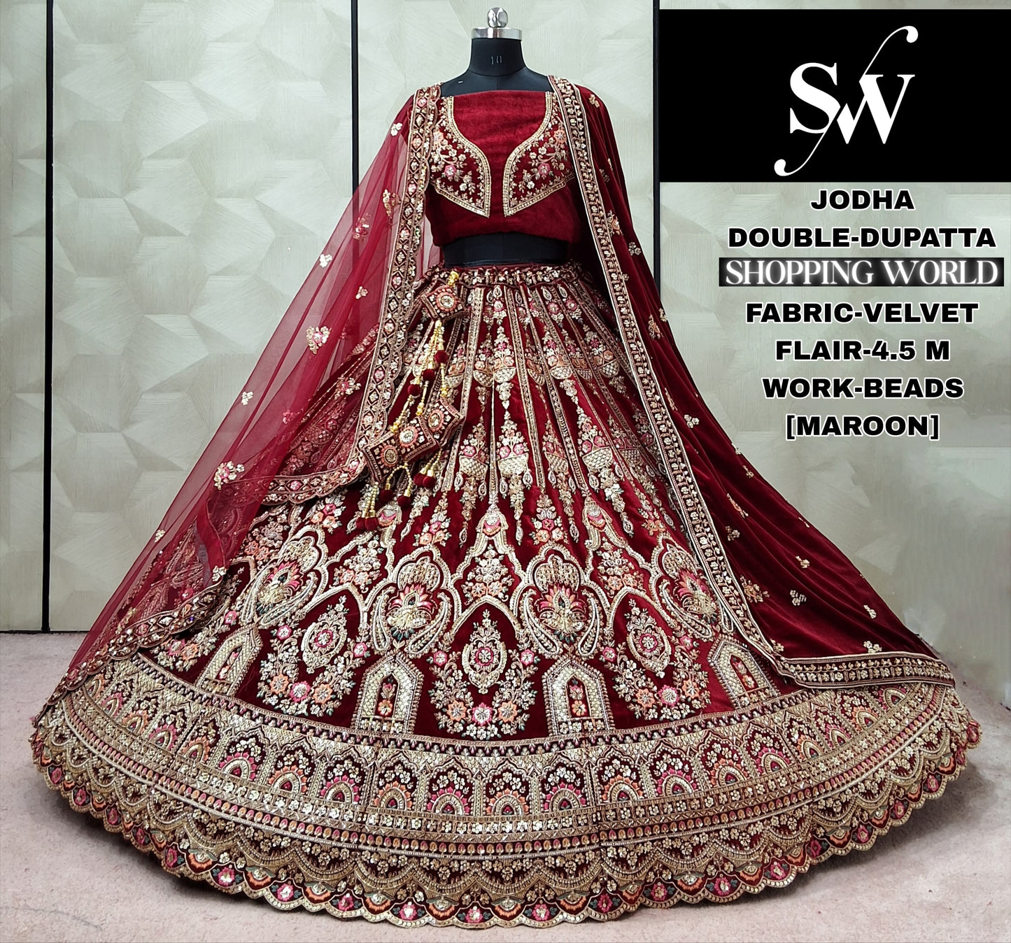 Eye Catching Raspberry peacock Double Dupatta Velvet Bridal Lehenga