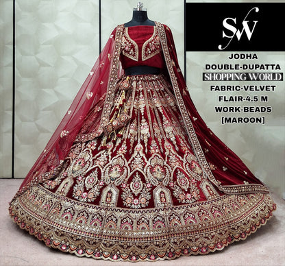 Eye Catching Raspberry peacock Double Dupatta Velvet Bridal Lehenga