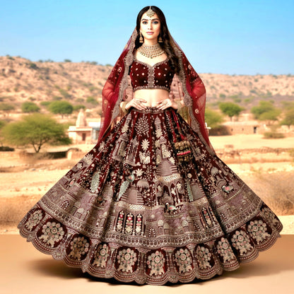Awesome Rani pink Double Dupatta peacock Velvet Bridal Lehenga