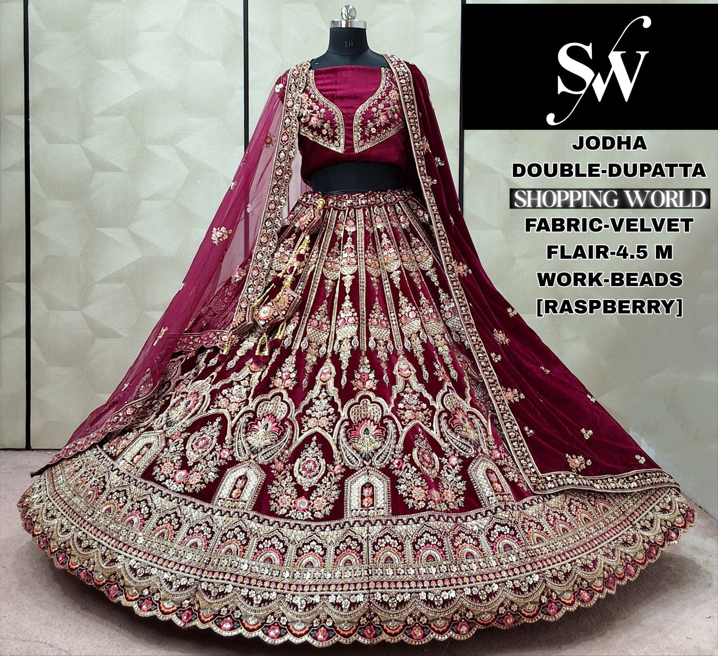 Eye Catching Raspberry peacock Double Dupatta Velvet Bridal Lehenga