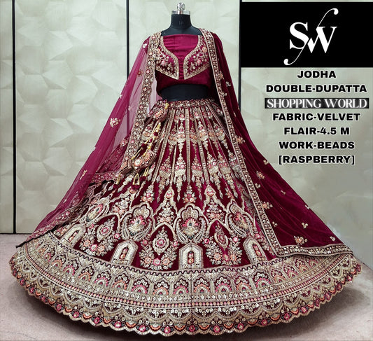 Eye Catching Raspberry peacock Double Dupatta Velvet Bridal Lehenga