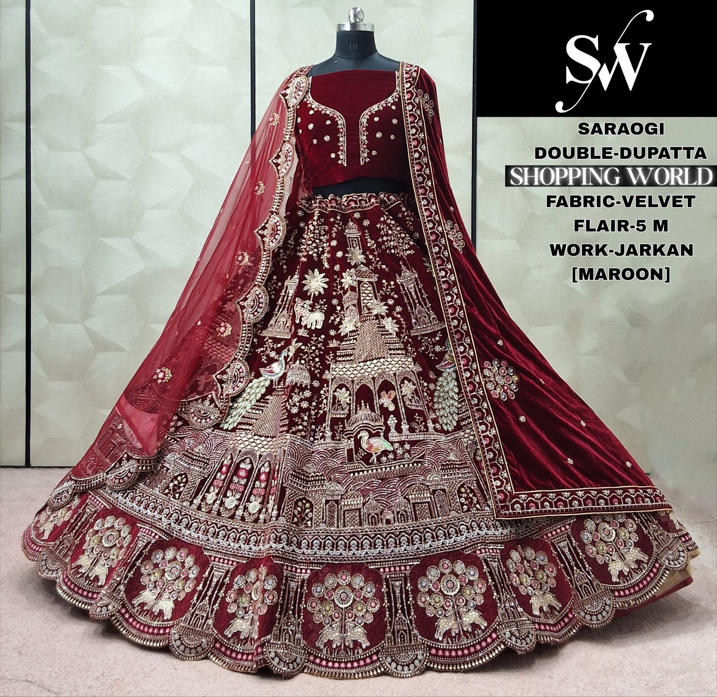 Awesome Rani pink Double Dupatta peacock Velvet Bridal Lehenga