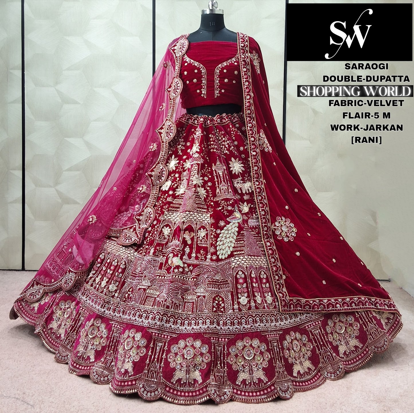 Awesome Rani pink Double Dupatta peacock Velvet Bridal Lehenga