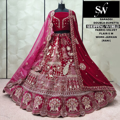 Awesome Rani pink Double Dupatta peacock Velvet Bridal Lehenga