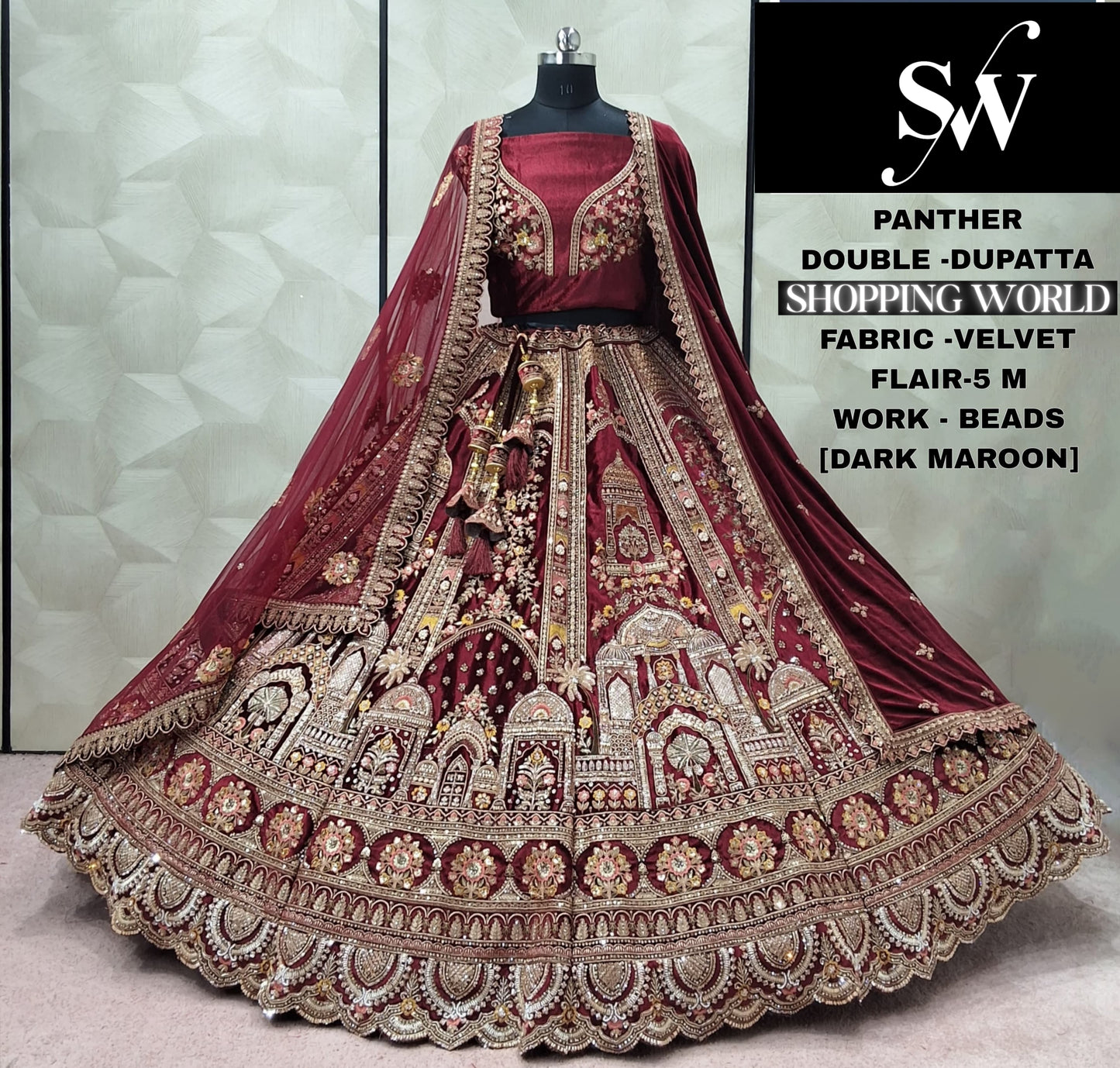 Fantastic Dark Maroon Double Dupatta peacock Velvet Bridal Lehenga