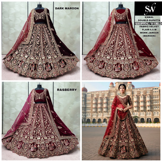Stunning Dark Maroon Maroon Raspberry Double Dupatta Velvet Bridal Lehenga