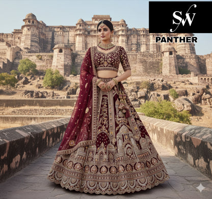 Fantastic Dark Maroon Double Dupatta peacock Velvet Bridal Lehenga