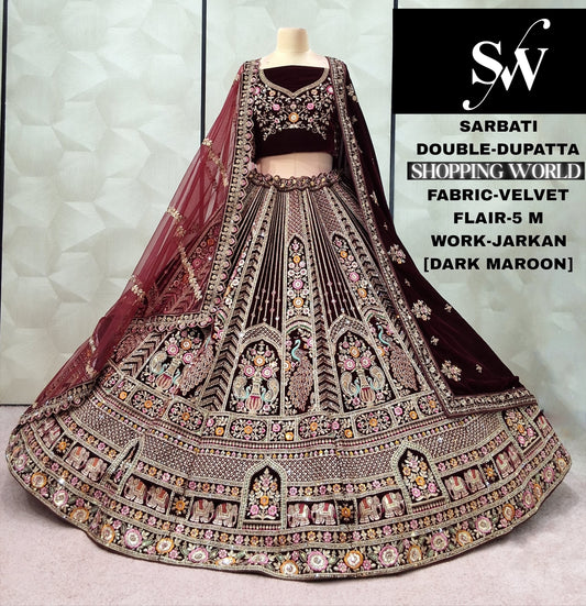 Engaging Dark maroon Double Dupatta peacock Velvet Bridal Lehenga