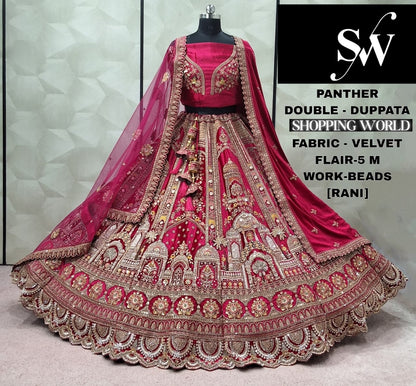 Fantastic Dark Maroon Double Dupatta peacock Velvet Bridal Lehenga