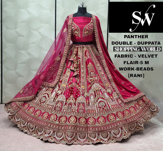 Fabulous Rani pink Double Dupatta peacock Velvet Bridal Lehenga
