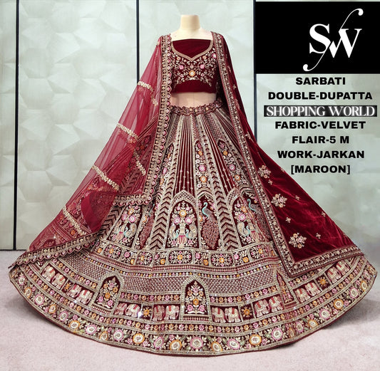 Engaging Dark maroon Double Dupatta peacock Velvet Bridal Lehenga
