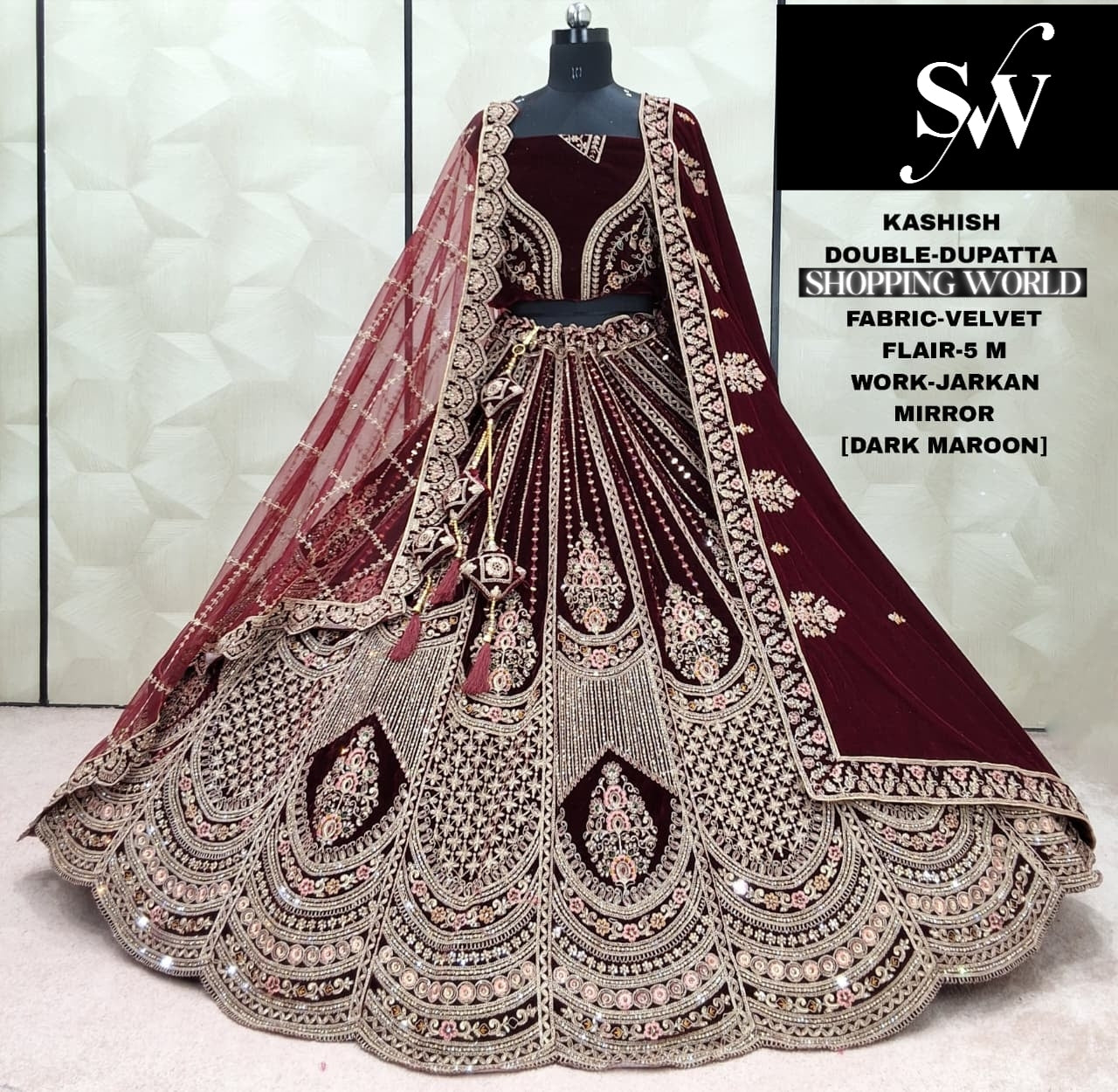 Lavishing Raspberry Double Dupatta Velvet Bridal Lehenga