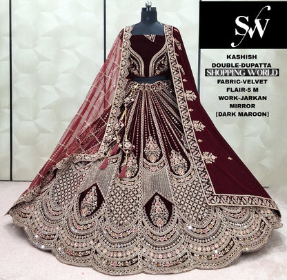 Lavishing Raspberry Double Dupatta Velvet Bridal Lehenga