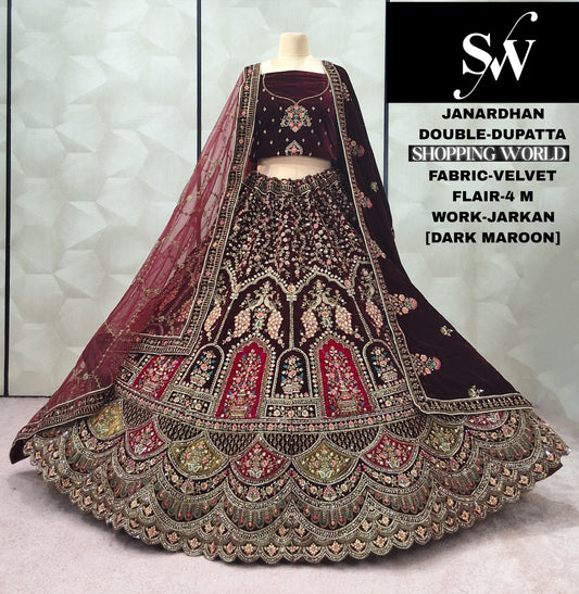 Khoobsurat Peacock Dark Maroon Double Dupatta Velvet Bridal Lehenga