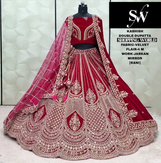 Majestic Rani pink Double Dupatta Velvet Bridal Lehenga
