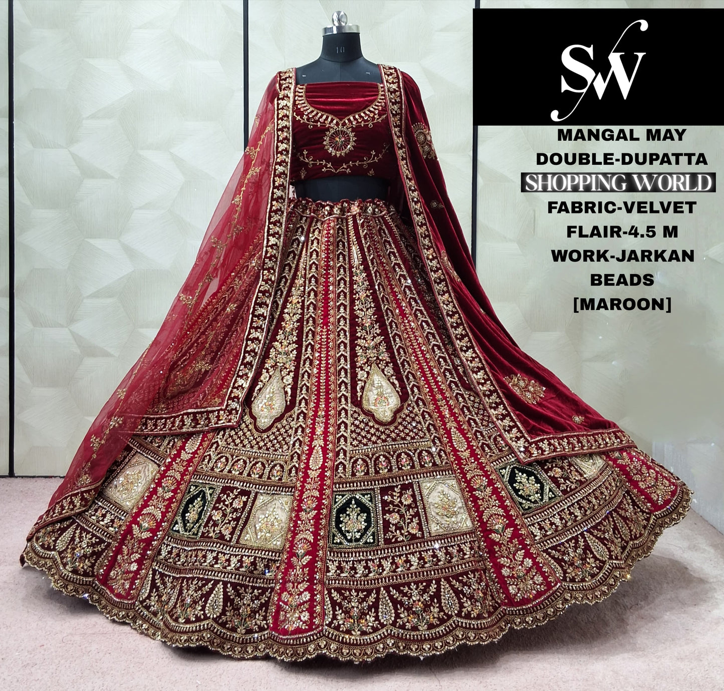 Pretty Dark Maroon Double Dupatta Velvet Bridal Lehenga