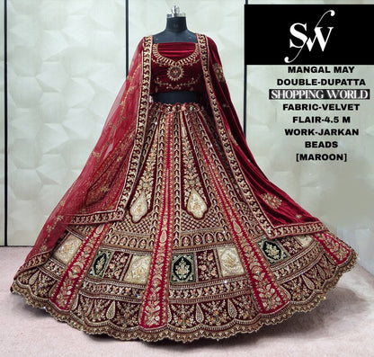 Pretty Dark Maroon Double Dupatta Velvet Bridal Lehenga