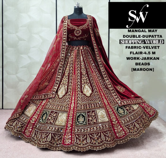 Lovely Maroon Double Dupatta Velvet Bridal Lehenga