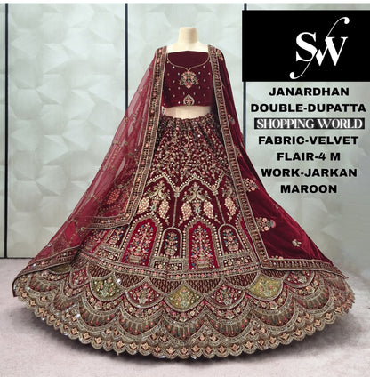 Khoobsurat Peacock Dark Maroon Double Dupatta Velvet Bridal Lehenga