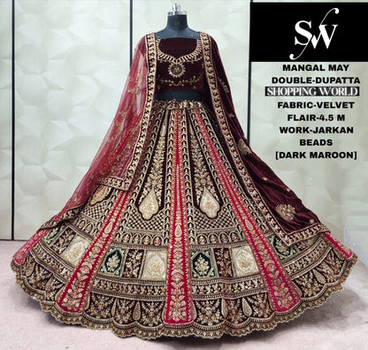 Pretty Dark Maroon Double Dupatta Velvet Bridal Lehenga