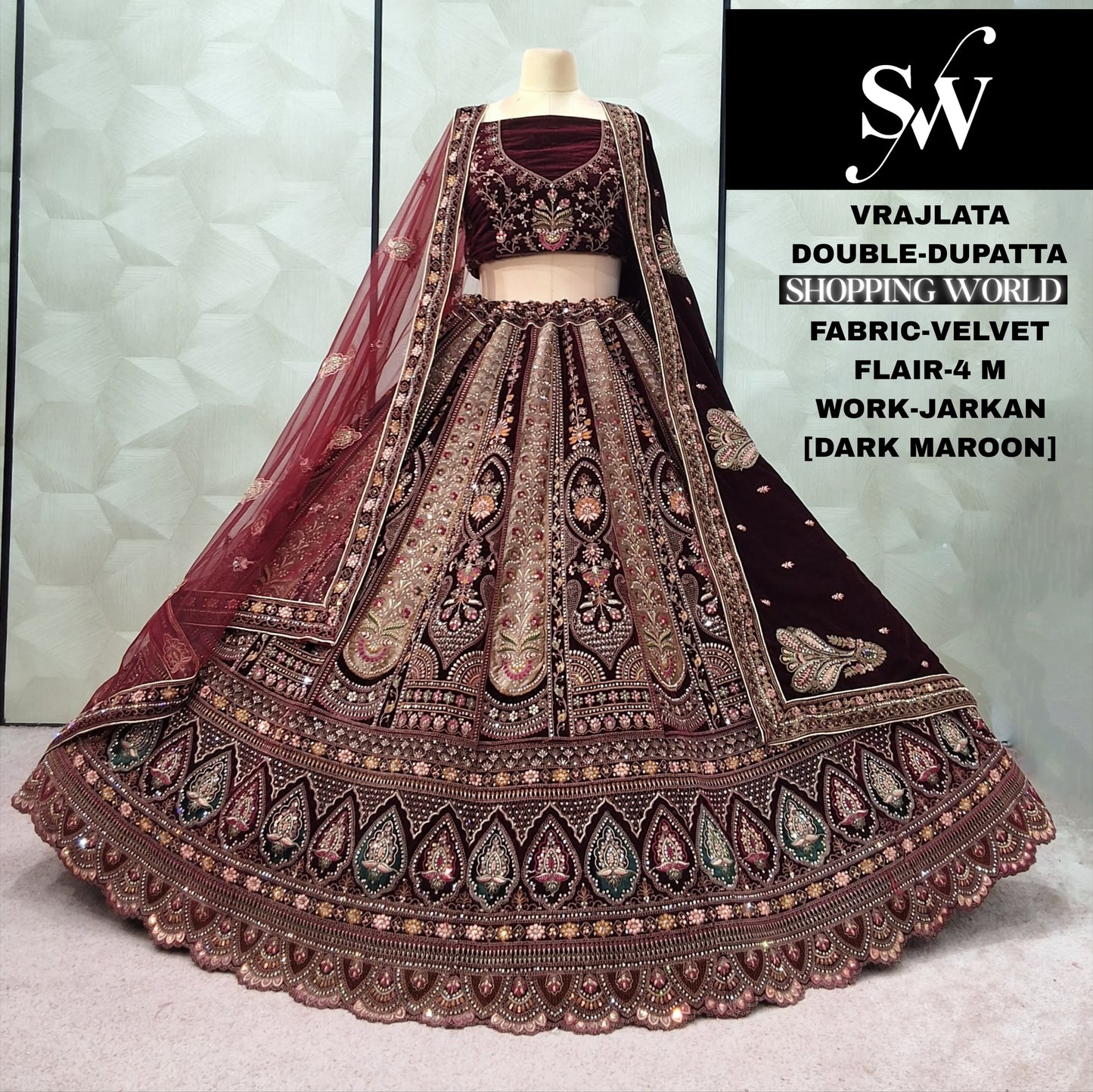 Designer Maroon Double Dupatta Velvet Bridal Lehenga