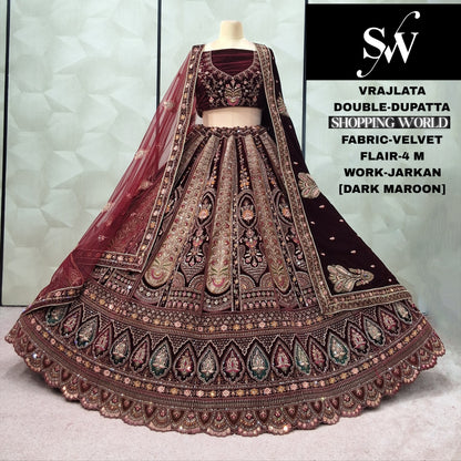 Designer Maroon Double Dupatta Velvet Bridal Lehenga