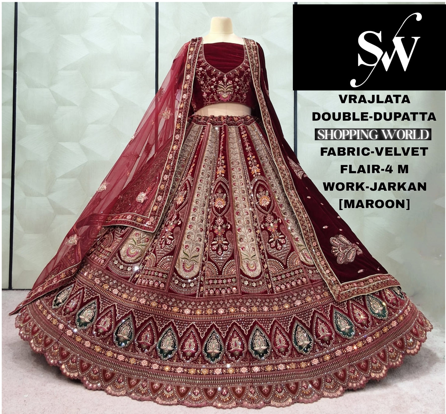 Designer Maroon Double Dupatta Velvet Bridal Lehenga