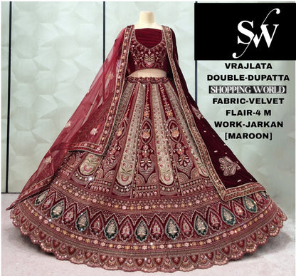 Designer Maroon Double Dupatta Velvet Bridal Lehenga
