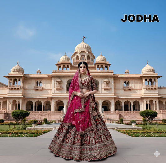 Pleasing Maroon peacock Double Dupatta Velvet Bridal Lehenga