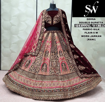 Charming Rust Maroon Silk Double Dupatta Bridal Lehenga